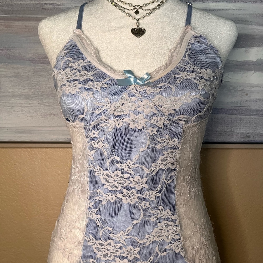 Lace Trimmed Blue and Cream Lingerie